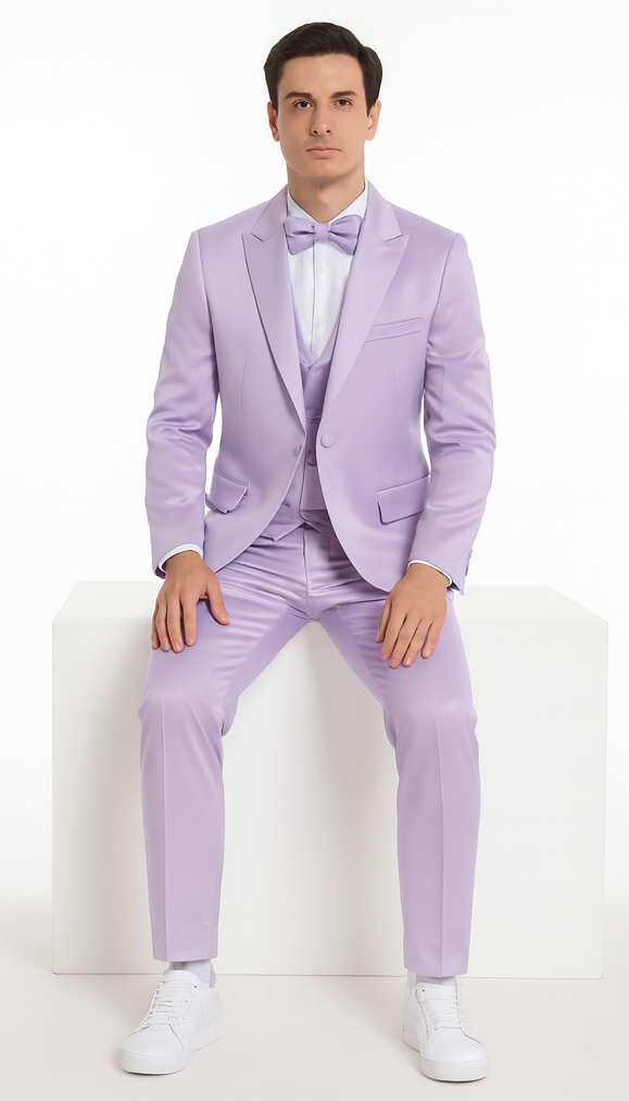 Men's Lavender Satin Slim Fit Tazzio 3 Piece Suit with Double Breasted Vest and Peak Lapel Jacket - Image 4