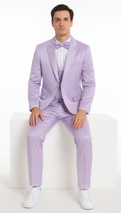 Men's Lavender Satin Slim Fit Tazzio 3 Piece Suit with Double Breasted Vest and Peak Lapel Jacket