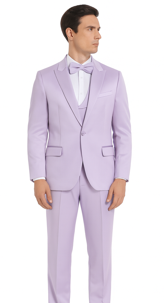 Men's Lavender Satin Slim Fit Tazzio 3 Piece Suit with Double Breasted Vest and Peak Lapel Jacket - Image 5