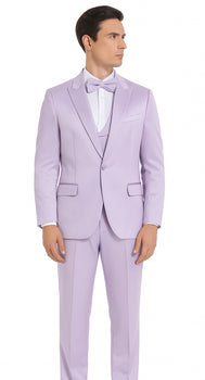 Men's Lavender Satin Slim Fit Tazzio 3 Piece Suit with Double Breasted Vest and Peak Lapel Jacket - Image 5