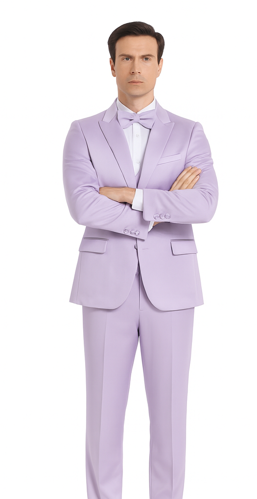 Men's Lavender Satin Slim Fit Tazzio 3 Piece Suit with Double Breasted Vest and Peak Lapel Jacket - Image 6
