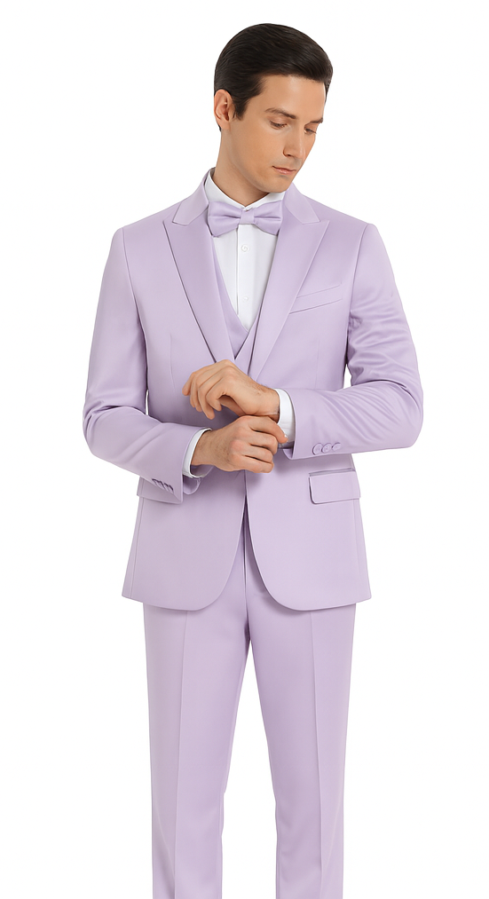 Men's Lavender Satin Slim Fit Tazzio 3 Piece Suit with Double Breasted Vest and Peak Lapel Jacket - Image 7