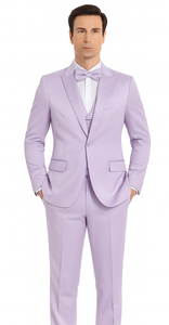 Men's Lavender Satin Slim Fit Tazzio 3 Piece Suit with Double Breasted Vest and Peak Lapel Jacket