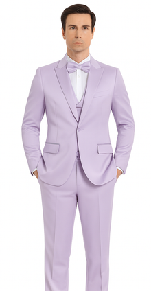 Men's Lavender Satin Slim Fit Tazzio 3 Piece Suit with Double Breasted Vest and Peak Lapel Jacket