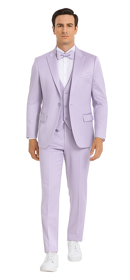 Men's Lavender Satin Slim Fit Tazzio 3 Piece Suit with Double Breasted Vest and Peak Lapel Jacket - Image 8