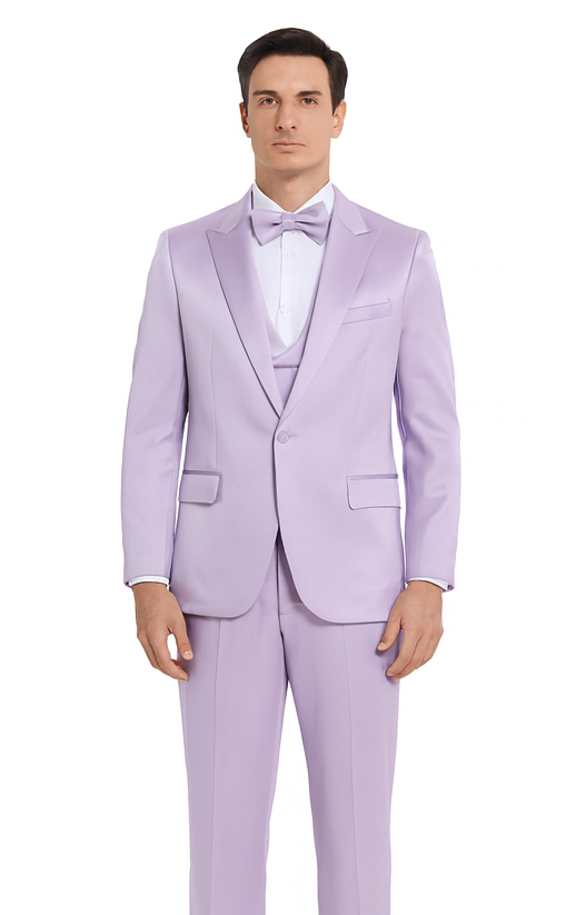 Men's Lavender Satin Slim Fit Tazzio 3 Piece Suit with Double Breasted Vest and Peak Lapel Jacket - Image 2
