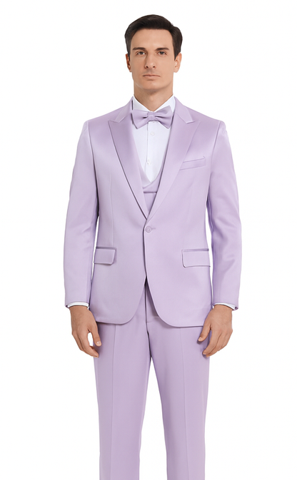 Men's Lavender Satin Slim Fit Tazzio 3 Piece Suit with Double Breasted Vest and Peak Lapel Jacket - Image 2