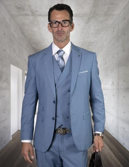 Mens 2 Button Slim Fit Wool Suit With Double Breasted Vest in Steel Blue