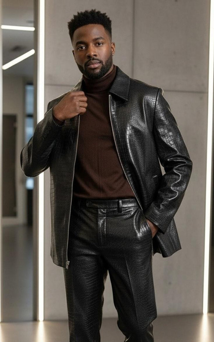 Leisure Suit Black Crocodile Print Vegan Leather BP6793  Modern Fit