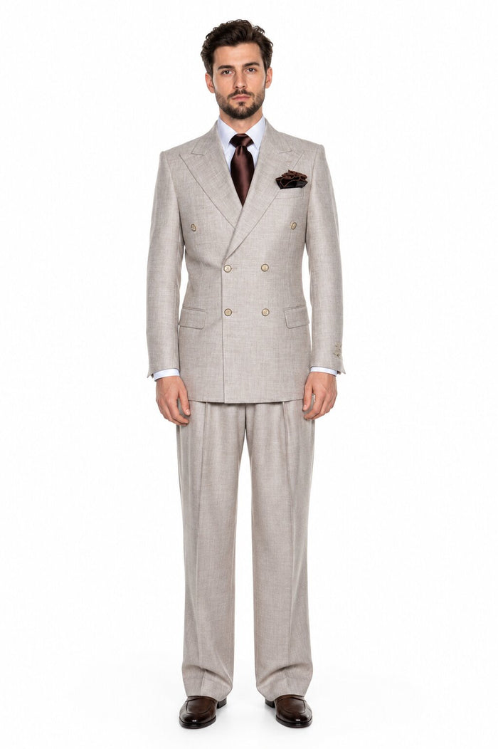 Suits With Baggy Pleated Pants - Wide Leg Pants 100% Wool - Classic Fit in Light Brown Color by Rossiman