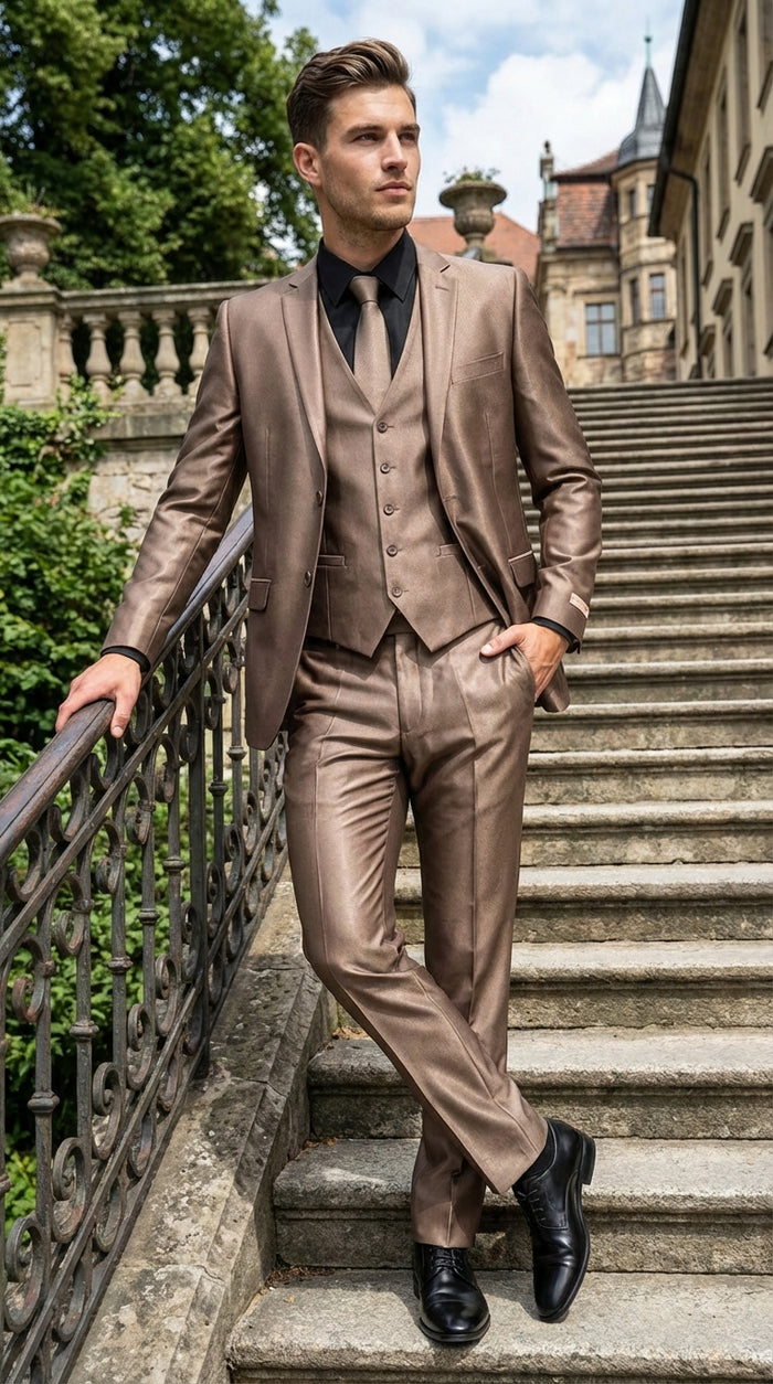 Men’s Bronze Brown Mocco 3 Piece Suit – Modern Formal Suit Set for Wedding, Prom and Business Events Light Brown Coffee Dark Tan Modern Fit