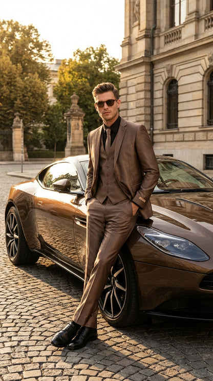Men’s Bronze Brown Mocco 3 Piece Suit – Modern Formal Suit Set for Wedding, Prom and Business Events Light Brown Coffee Dark Tan Modern Fit