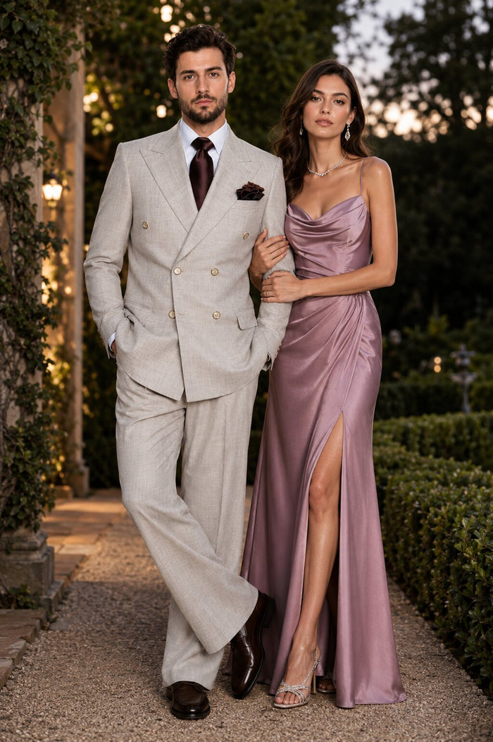 Suits With Baggy Pleated Pants - Wide Leg Pants 100% Wool - Classic Fit in Light Brown Color by Rossiman