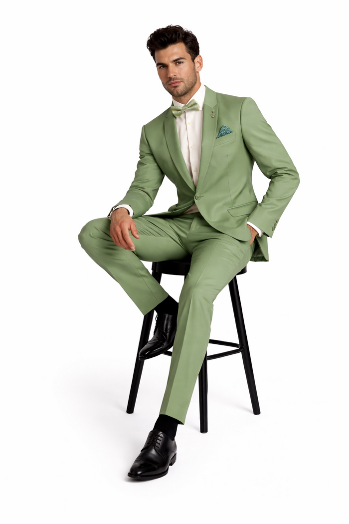 Light Green Tuxedo Suit for Men – Satin Lapel Wedding and Prom Suit in Color Sage Green Tuxedo