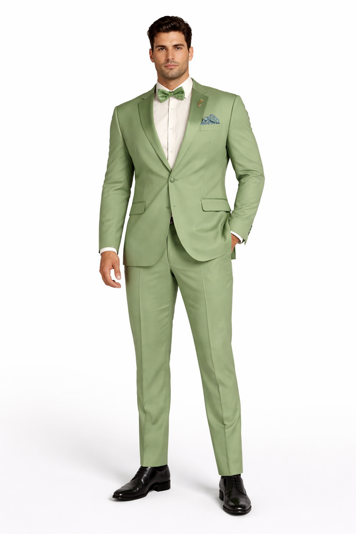 Light Green Tuxedo Suit for Men – Satin Lapel Wedding and Prom Suit in Color Sage Green Tuxedo