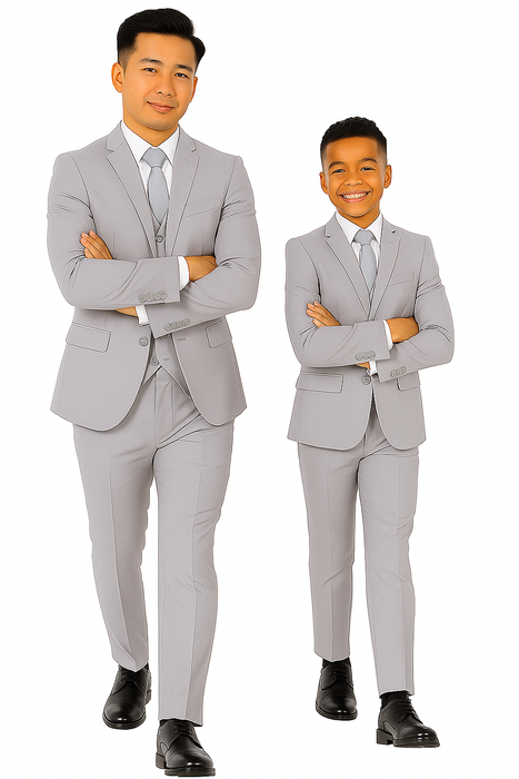 Father and Son Suits - Light Grey Boys Suit Perry Ellis Vested Boy's Wedding Suit in Light Grey