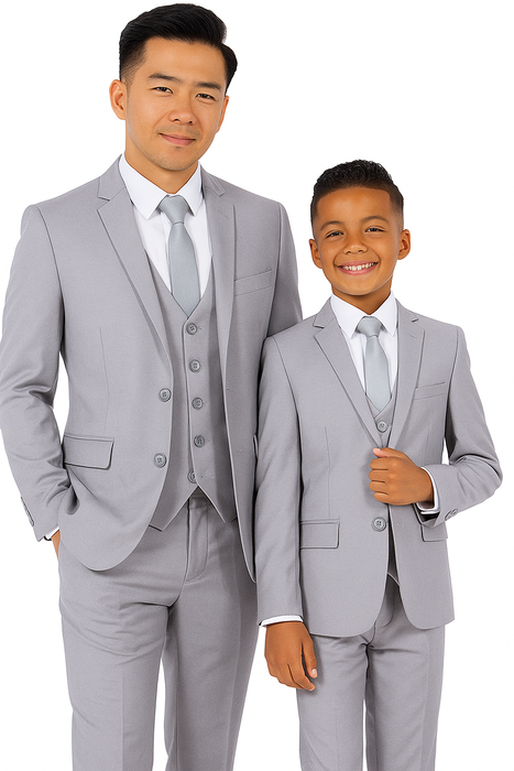 Father and Son Suits - Light Grey Boys Suit Perry Ellis Vested Boy's Wedding Suit in Light Grey