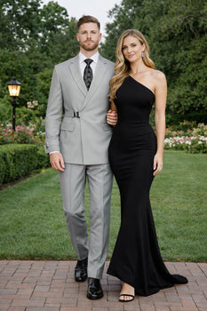 Men’s Light Grey Double Breasted Modern Designer Tailored Fit Wool Suit with Metal Buckle Closure