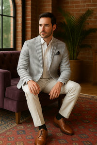 Mens Italian Lavender Seersucker Blazer – Lightweight Summer Striped Suit Jacket