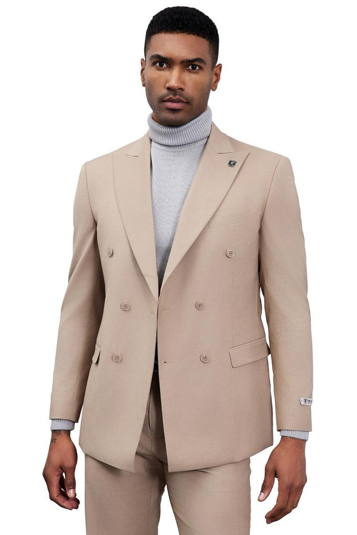 Men's Designer Stacy Adams Classic Double Breasted Suit in Tan - Image 4