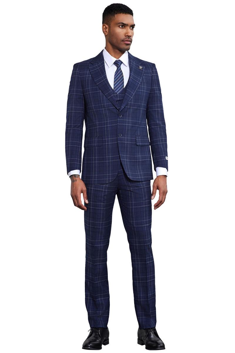 Men's Stacy Adams Vested Two Button Double Windowpane Plaid Suit in Navy - Image 2