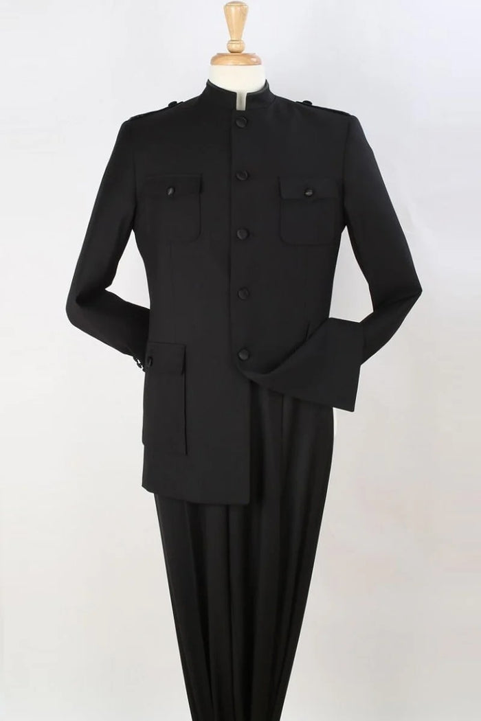 Mens Black Mandarin Banded Safari Suit – Classic Military Tailored Look