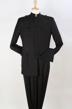 Mens Black Mandarin Banded Safari Suit – Classic Military Tailored Look