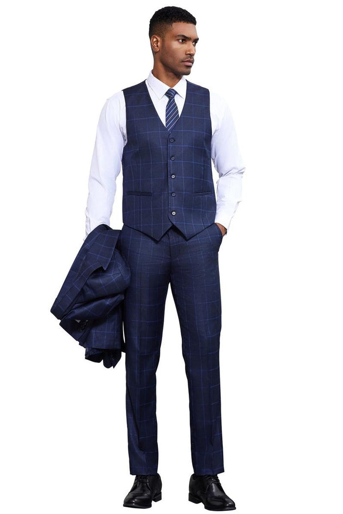 Men's Stacy Adams Classic One Button Vested Windowpane Suit in Navy Blue - Image 4