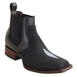 Men's Genuine Stingray Skin Single Stone Wide Square Toe Ankle Boots Black Color - Los Altos Boots
