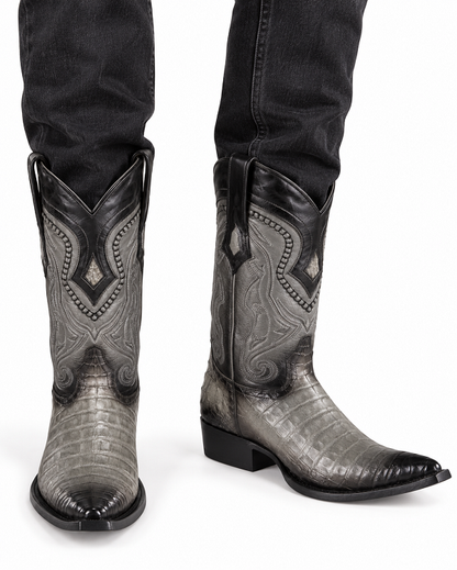 Los Altos Boots Caiman Belly Faded Grey Pointed Toe Cowboy Boots