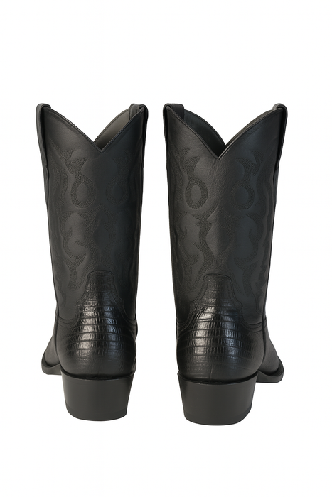 Los Altos Boots Lizard Teju R-Toe Black Cowboy Boots