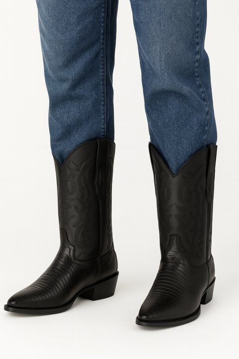 Los Altos Boots Lizard Teju R-Toe Black Cowboy Boots