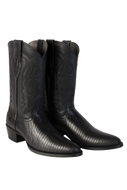 Los Altos Boots Lizard Teju R-Toe Black Cowboy Boots - Image 9