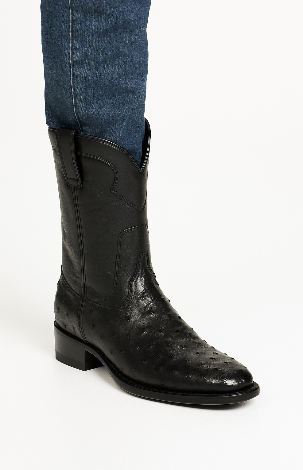 Los Altos Boots Men's Ostrich Roper Western Boots Black - Image 8