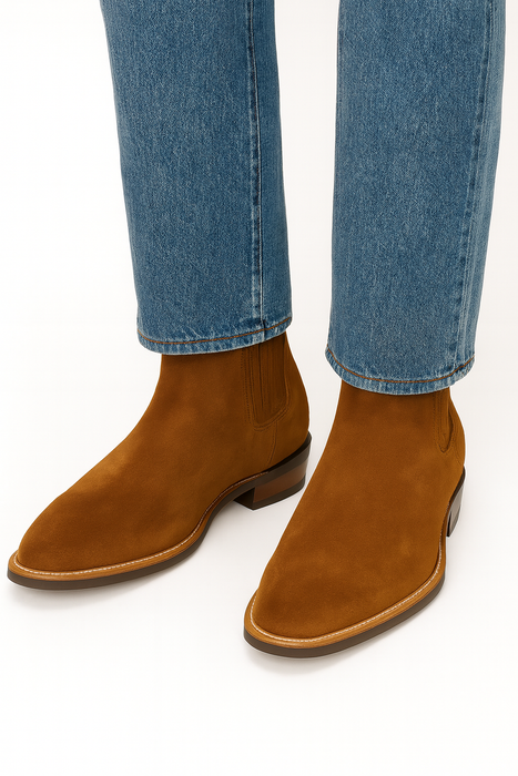 Los Altos Boots Men's Chelsea Charro Napa Leather/Suede Short Rubber Sole Natural Edge Boot ~ Botines Para Hombre Ankle Dress Style For Man