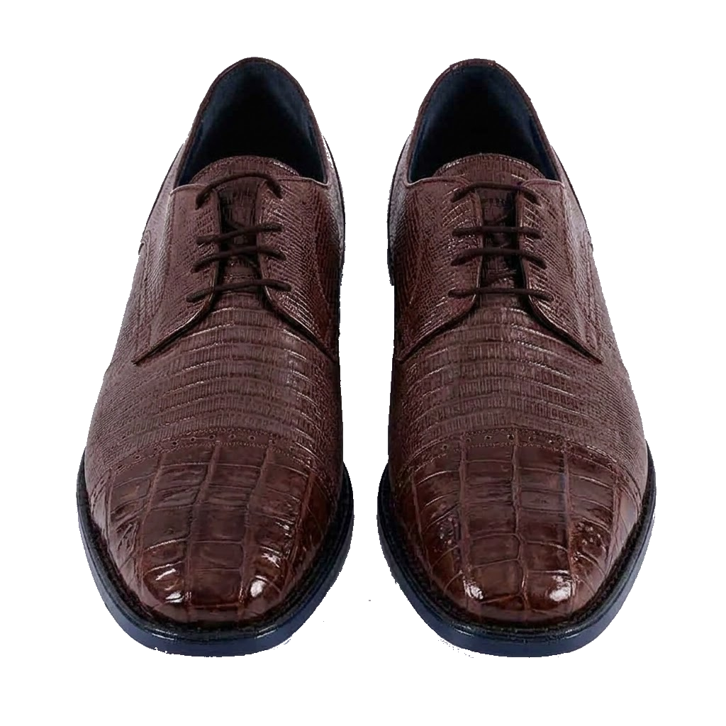 Los Altos Brown Caiman Belly & Teju Lizard Cap Toe Oxford Men's Lace Up Shoes