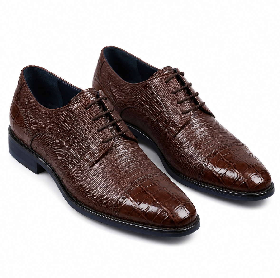Los Altos Brown Caiman Belly & Teju Lizard Cap Toe Oxford Men's Lace Up Shoes