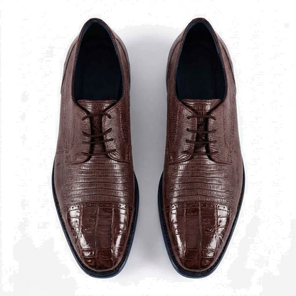 Los Altos Brown Caiman Belly & Teju Lizard Cap Toe Oxford Men's Lace Up Shoes