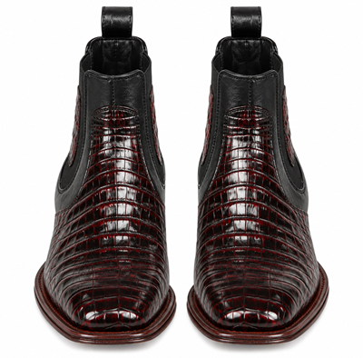 Los Altos Men's Wide Square Toe Caiman Belly Short Boots - Black Cherry