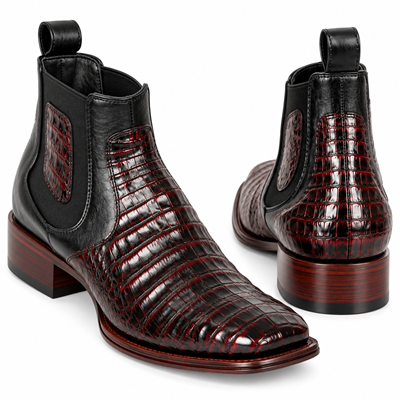 Los Altos Men's Wide Square Toe Caiman Belly Short Boots - Black Cherry