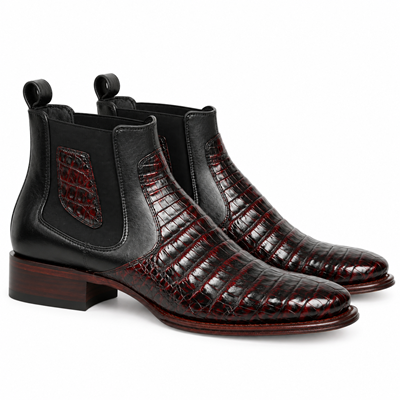 Los Altos Men's Wide Square Toe Caiman Belly Short Boots - Black Cherry