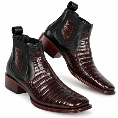 Los Altos Men's Wide Square Toe Caiman Belly Short Boots - Black Cherry