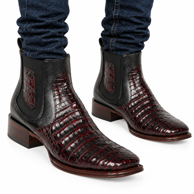 Los Altos Men's Wide Square Toe Caiman Belly Short Boots - Black Cherry