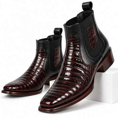 Los Altos Men's Wide Square Toe Caiman Belly Short Boots - Black Cherry