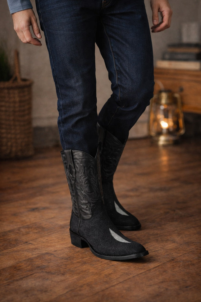 Los Altos Boots Single Stone Stingray R-Toe Black Cowboy Botas De Mantarraya - Mantarraya Boots - Image 8