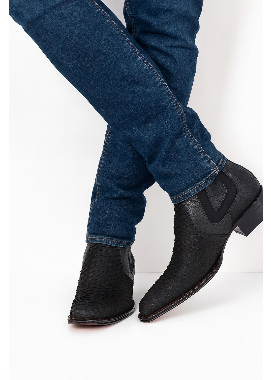Los Altos Men's Genuine Python Skin Square Toe Ankle Boots - Black - Image 9