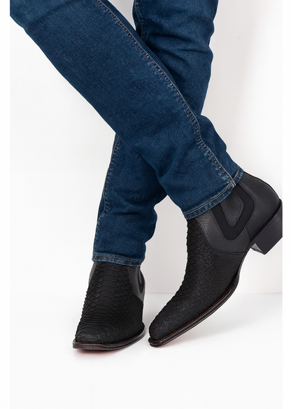 Los Altos Men's Genuine Python Skin Square Toe Ankle Boots - Black - Image 9