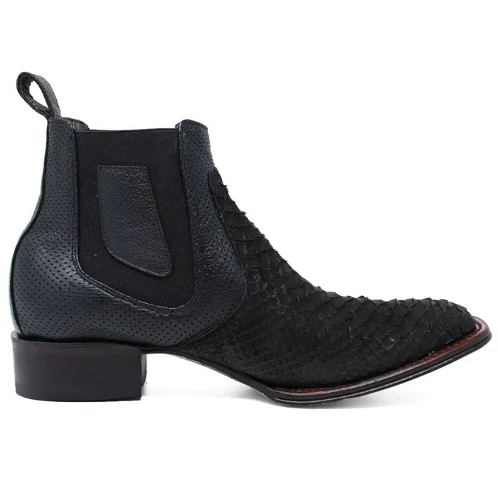 Los Altos Men's Genuine Python Skin Square Toe Ankle Boots - Black - Image 2