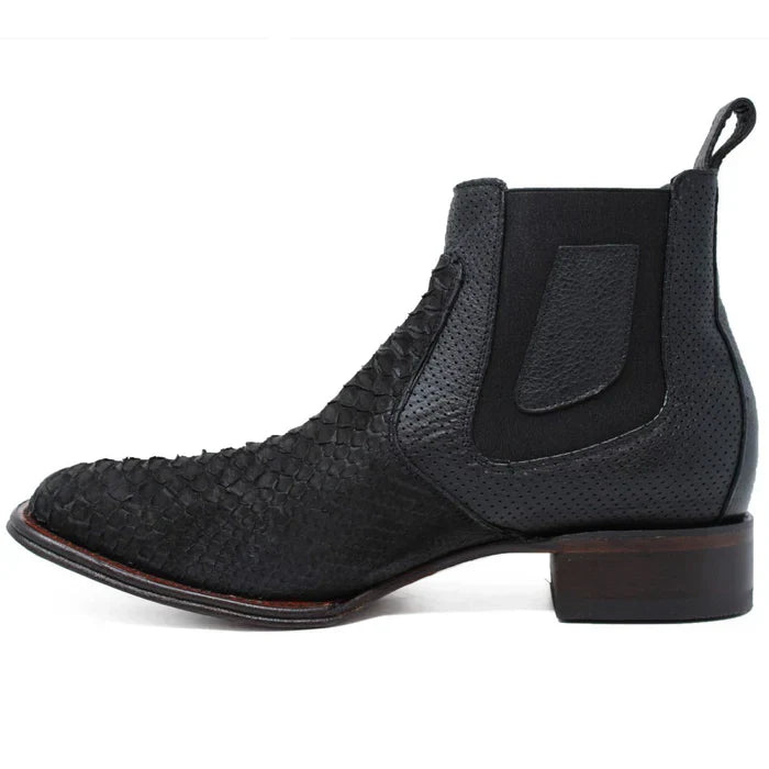 Los Altos Men's Genuine Python Skin Square Toe Ankle Boots - Black - Image 2