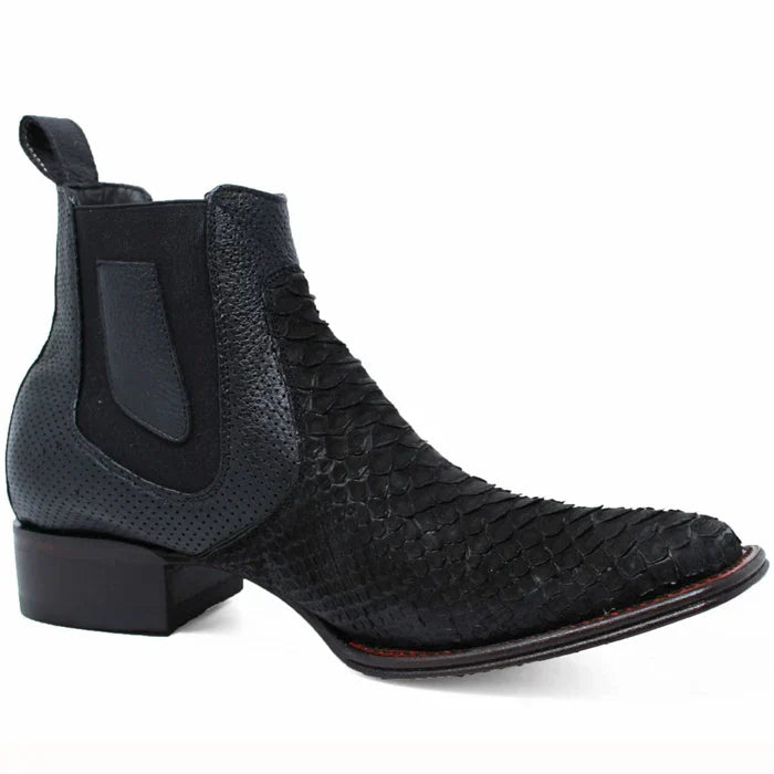 Los Altos Men's Genuine Python Skin Square Toe Ankle Boots - Black - Image 5